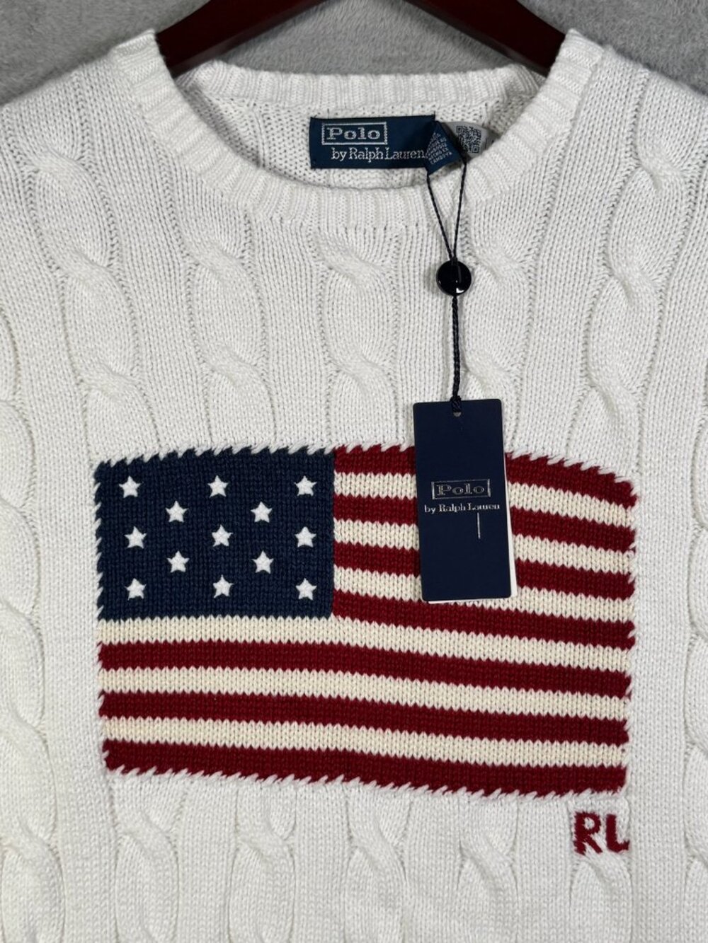 Polo Ralph Lauren Sweater Mens M White USA American Flag Cable Knit Cotton $428 - Picture 2 of 12